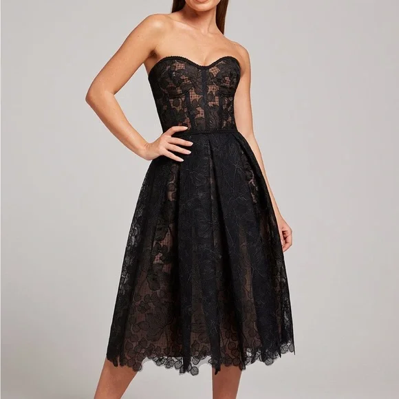 NWOT Nadine Merabi black/nude Olivia dress corseted embroidered lace - Picture 9 of 13